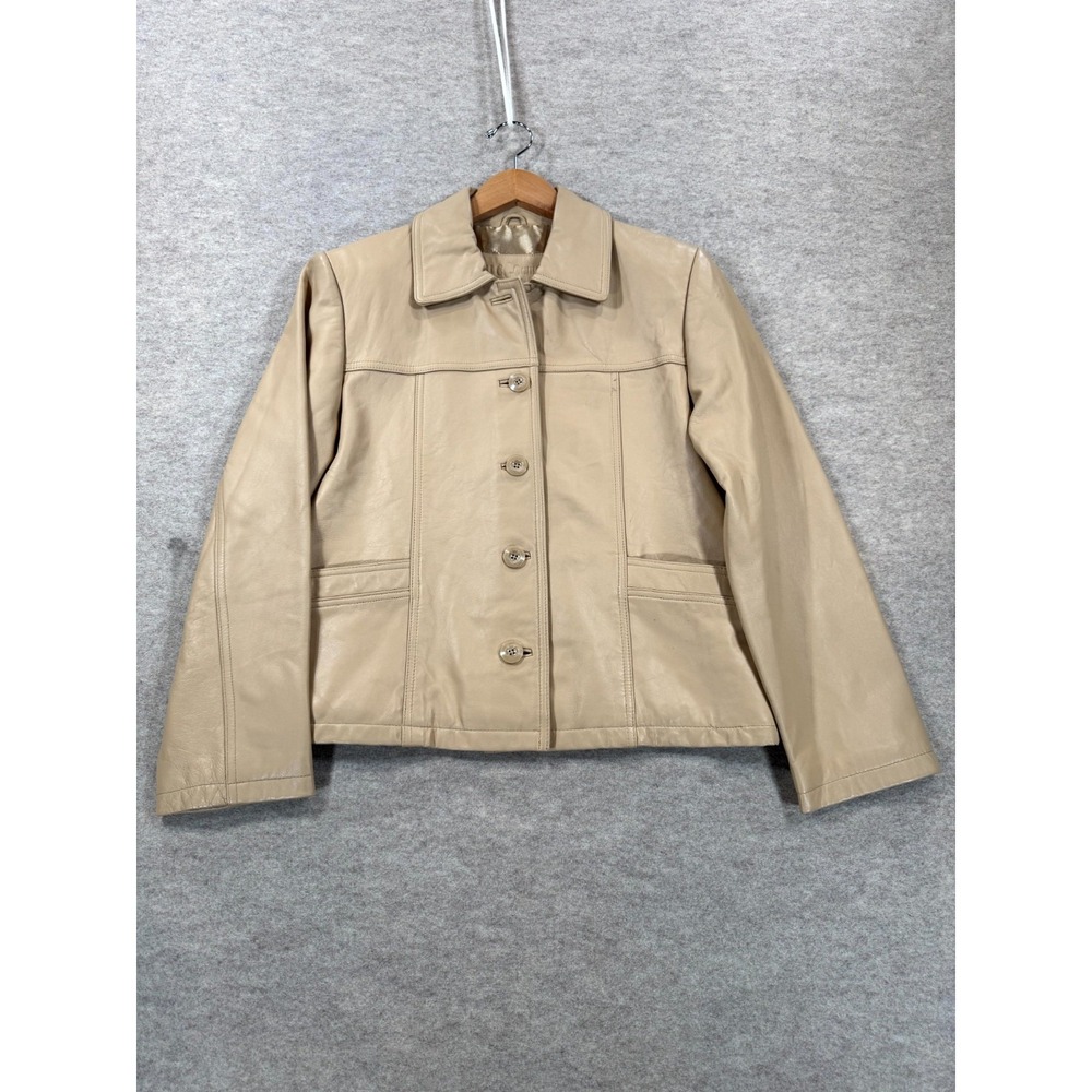 Nuage CGC Collection Leather Jacket Womens Medium Beige Button Front 250CP-32